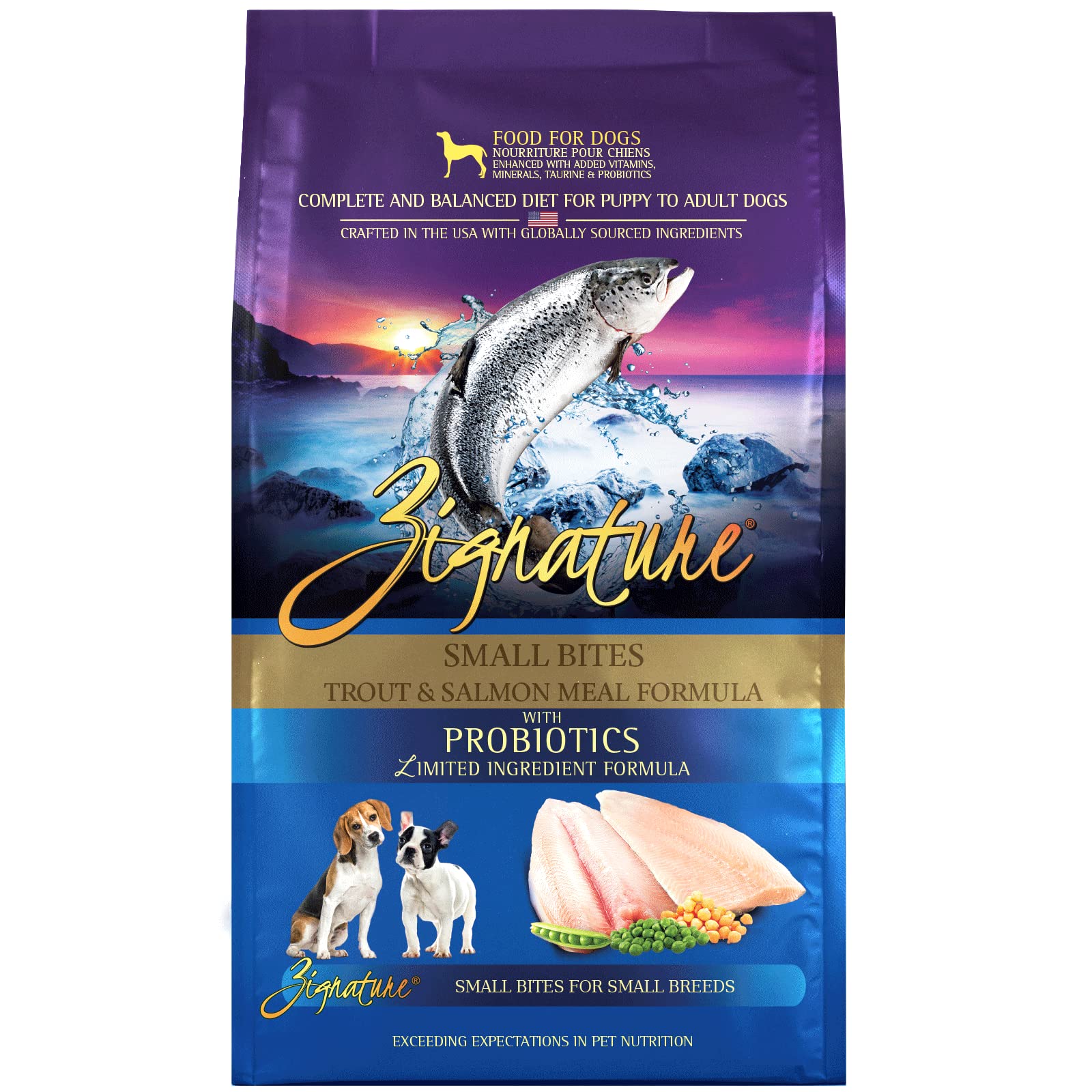 Zignature Trout & Salmon Small Bites bag for small breeds, limited ingredients.
