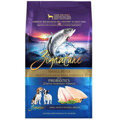 Zignature Trout & Salmon Small Bites bag for small breeds, limited ingredients.