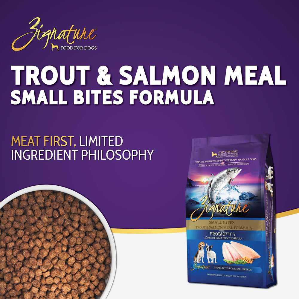 Kibble close-up shows texture of Zignature Trout & Salmon Small Bites for small mouths.