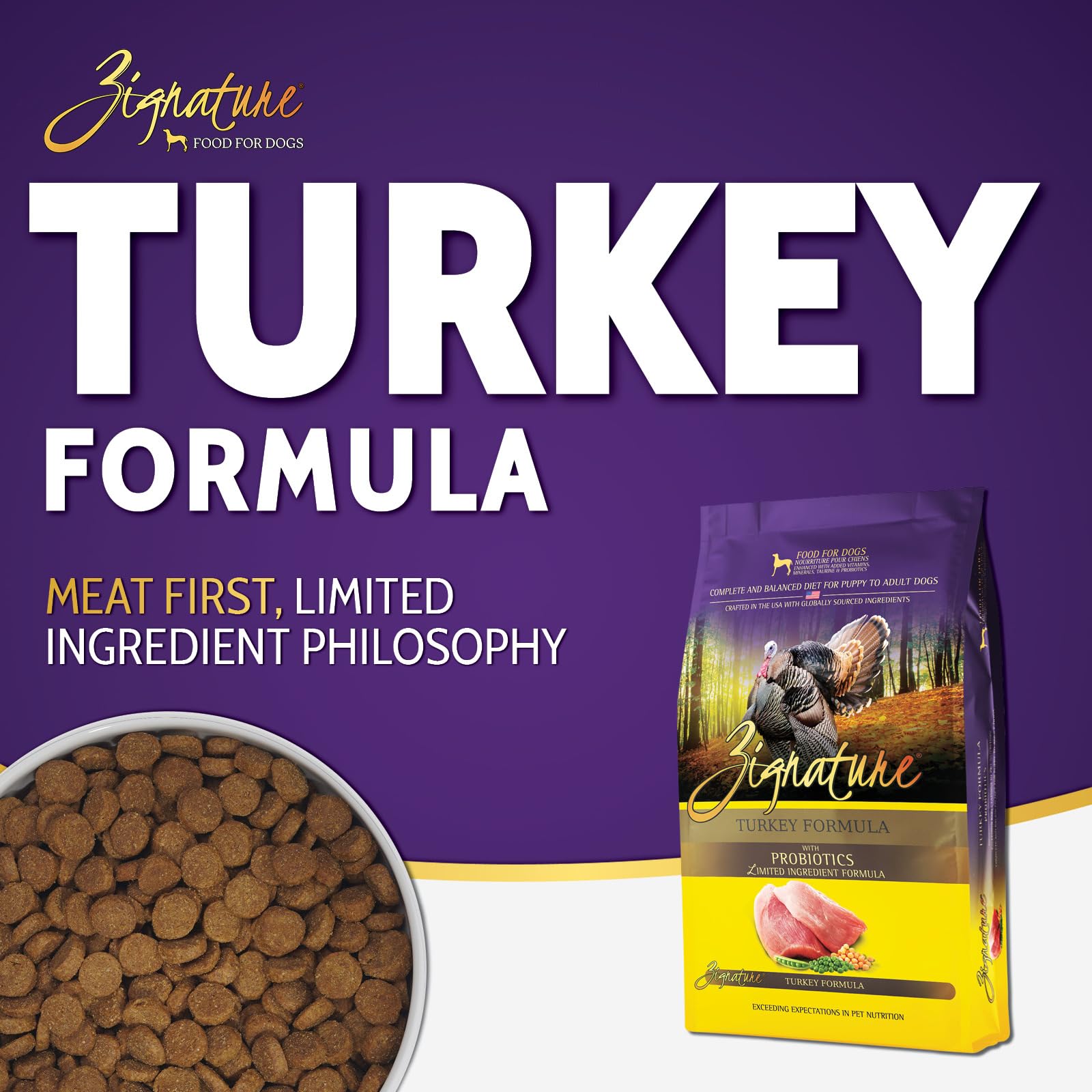 Zignature Turkey Formula with peas and chickpeas shows balanced nutrition for dogs.