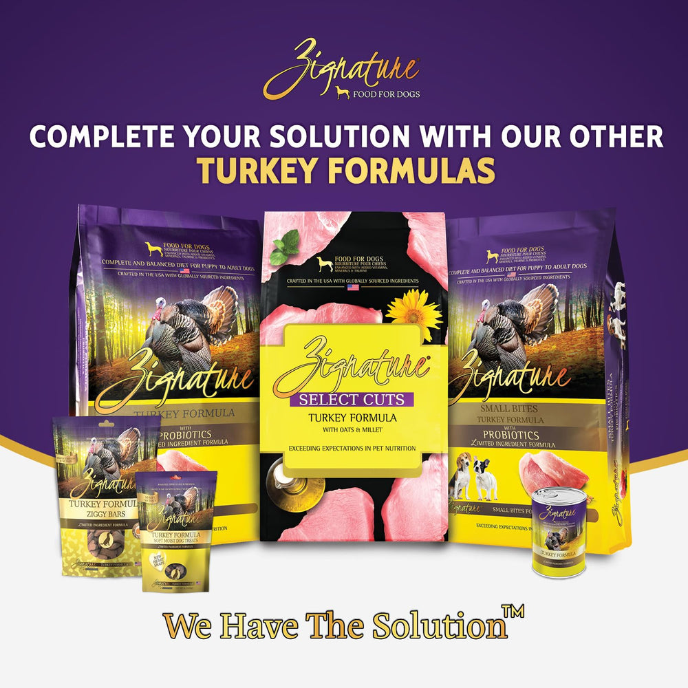 Zignature Turkey Formula highlights riboflavin and selenium for essential nutrients.