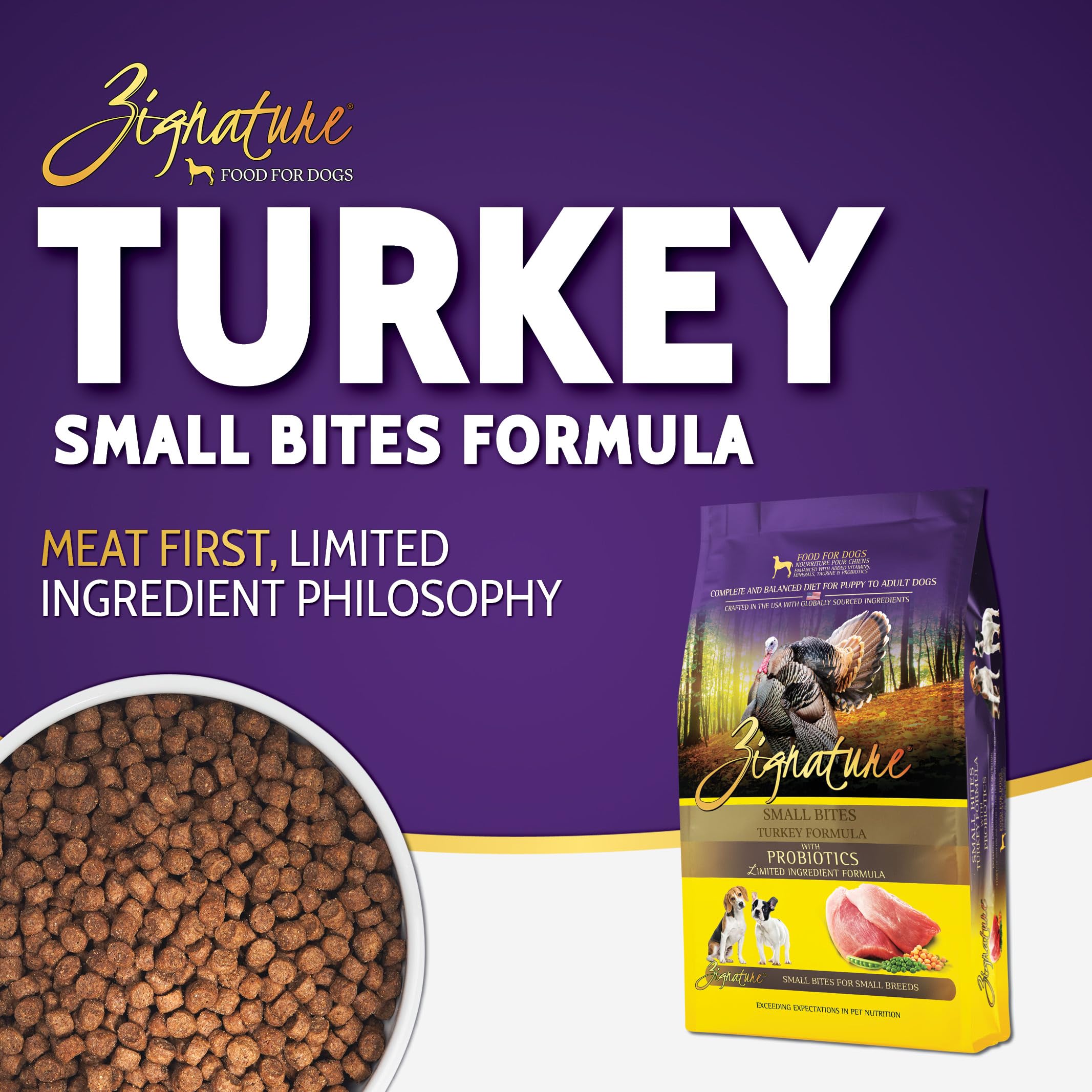 Zignature Turkey Small Bites ingredient panel highlights limited ingredients for sensitive tummies