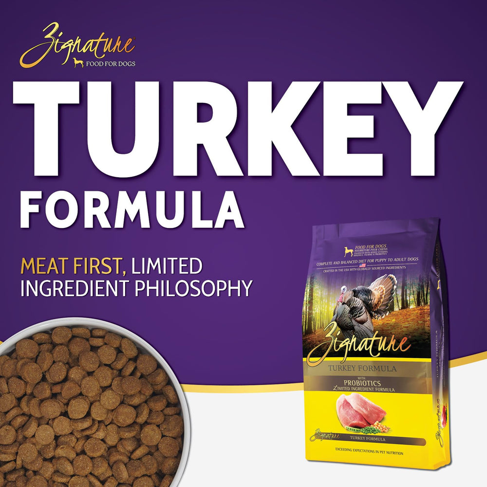 Zignature Turkey small-bites kibble close-up shows easy-to-chew pieces for small dogs.