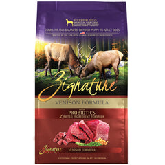 Zignature Venison dry dog food bag highlighting premium protein