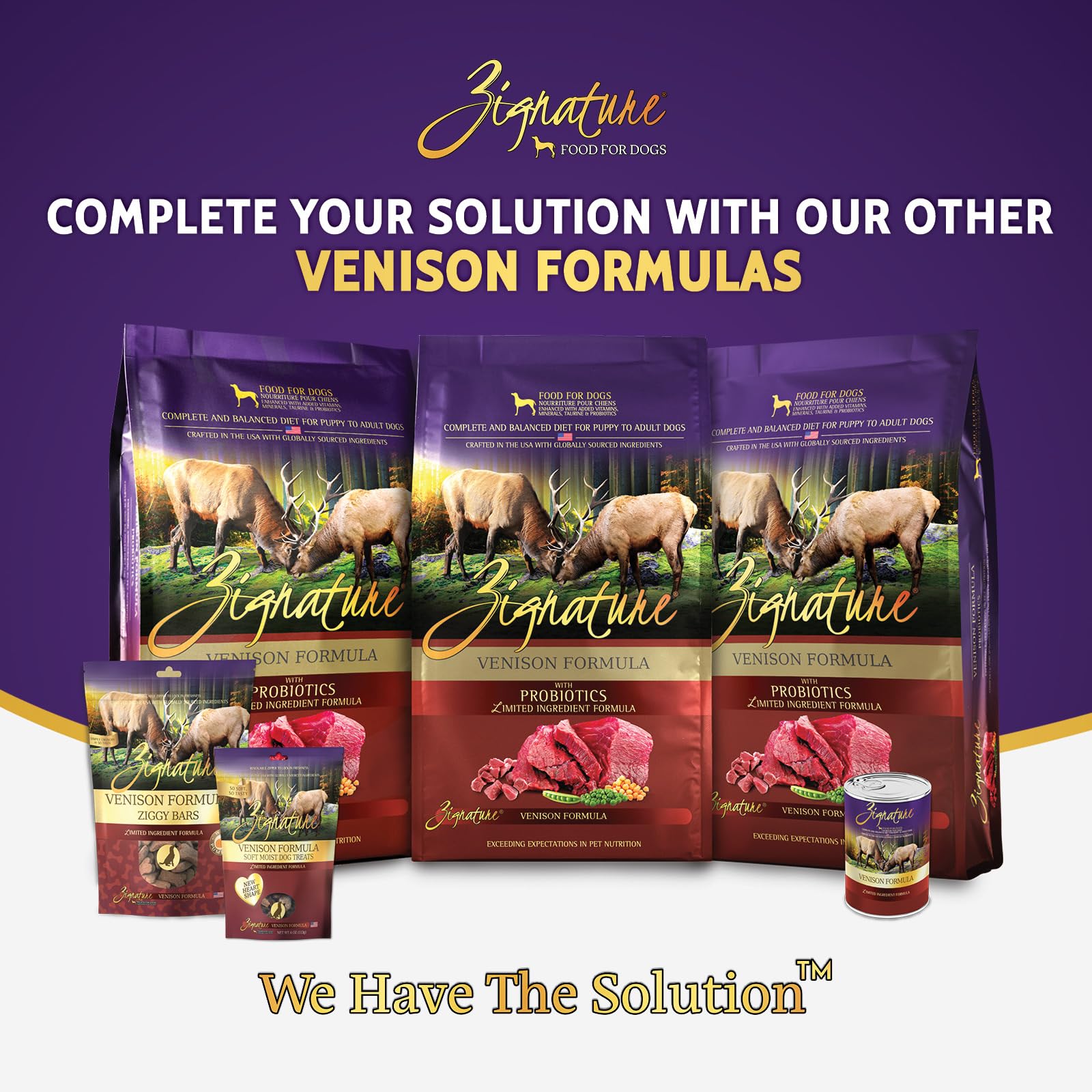 Zignature Venison ingredient highlights include peas and chickpeas for balanced nutrition
