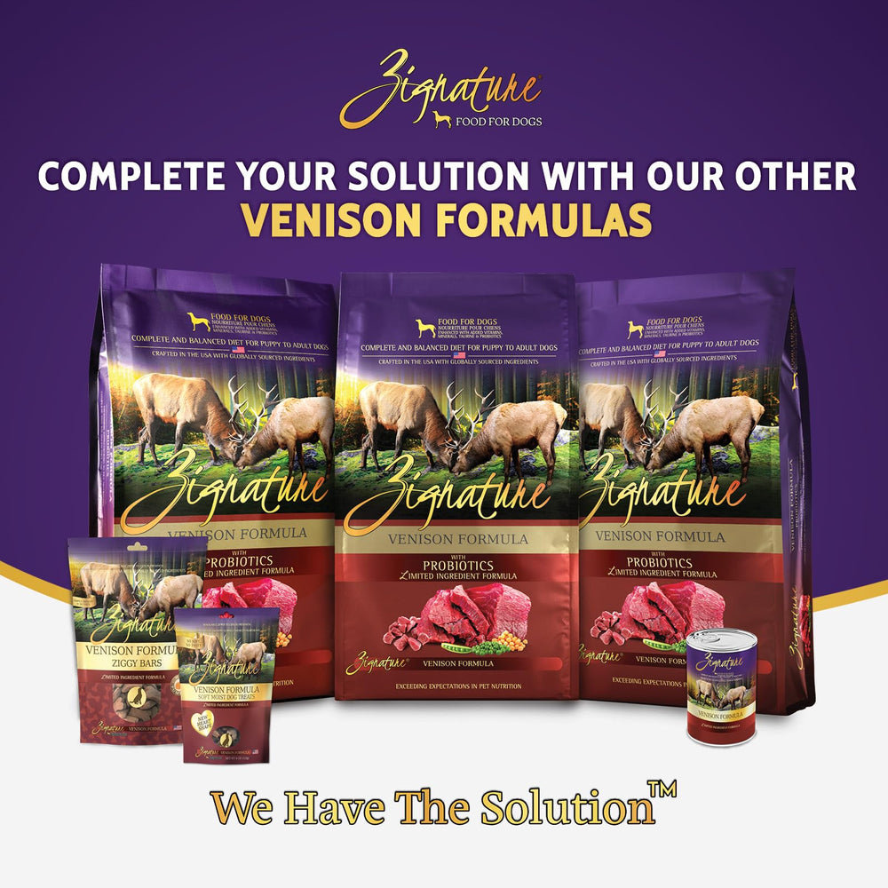 Zignature Venison ingredient highlights include peas and chickpeas for balanced nutrition