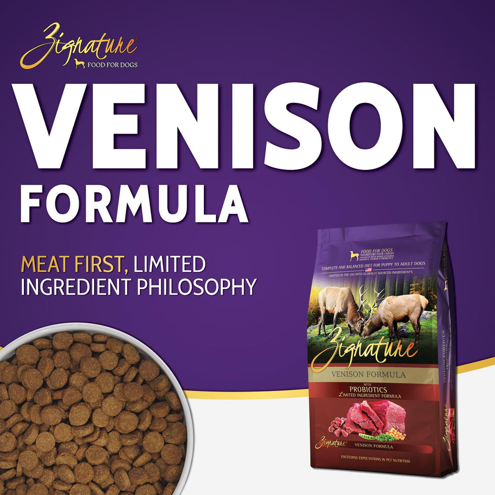 Zignature Venison kibble close-up showing small, uniform pieces for a limited-ingredient formula