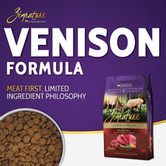 Zignature Venison kibble closeup shows bite-sized pieces for simple, protein-forward meals.
