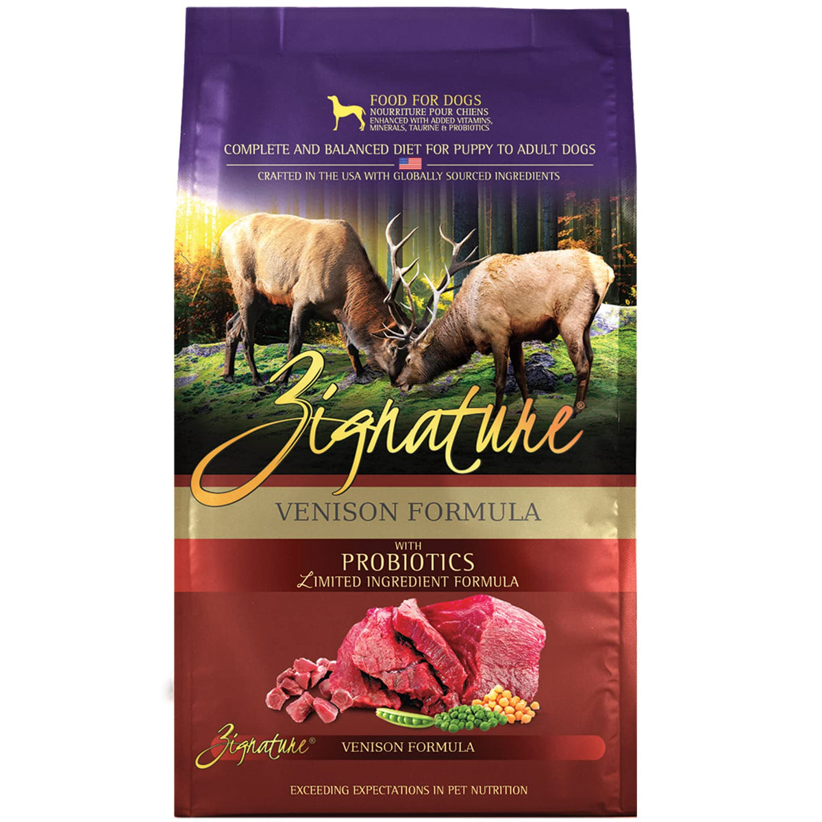 Zignature Venison dry dog food 25lb bag front view emphasizes premium protein