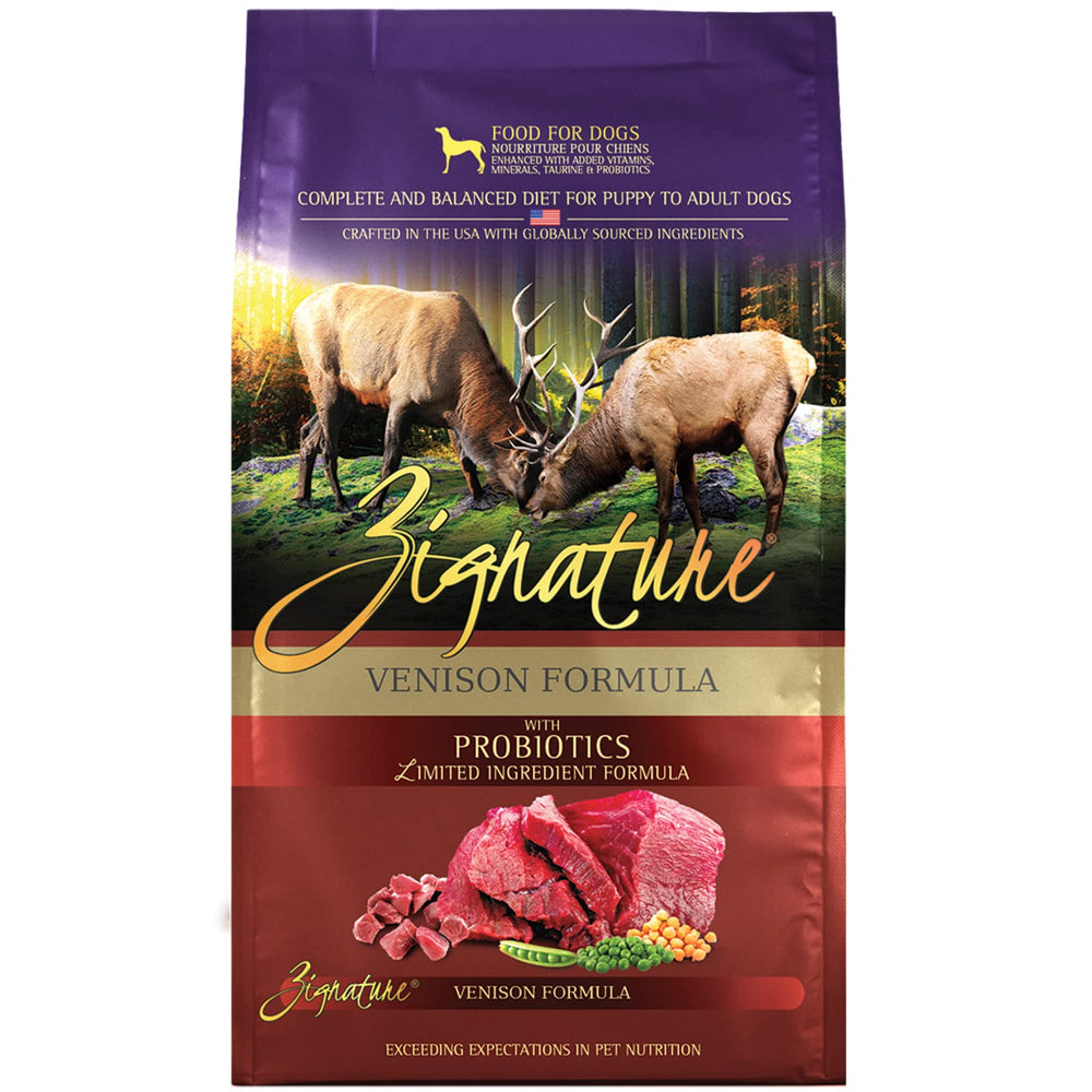 Zignature Venison Limited Ingredient Formula bag highlights venison as the primary protein.