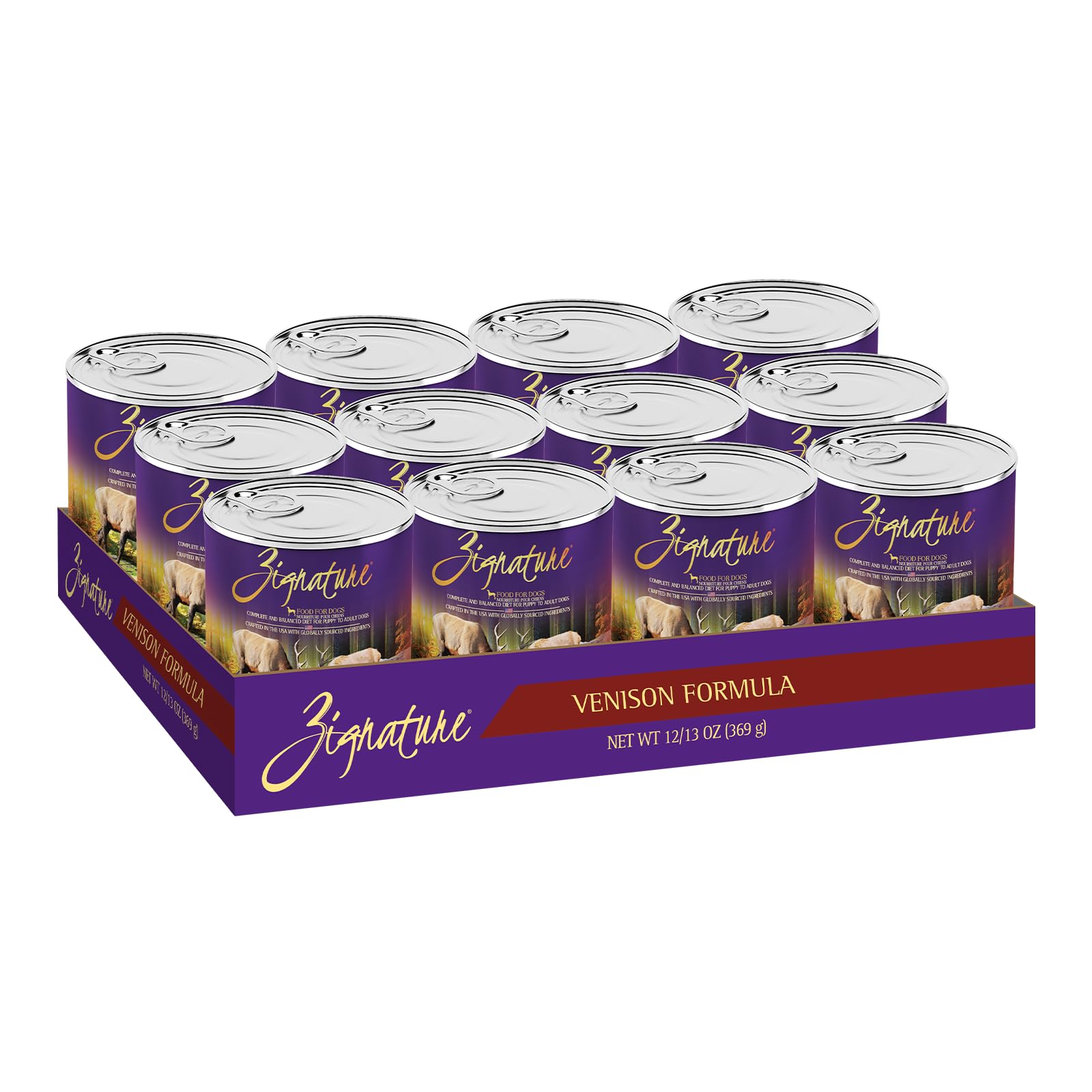 Zignature Venison wet dog food 13oz can showing venison as main ingredient