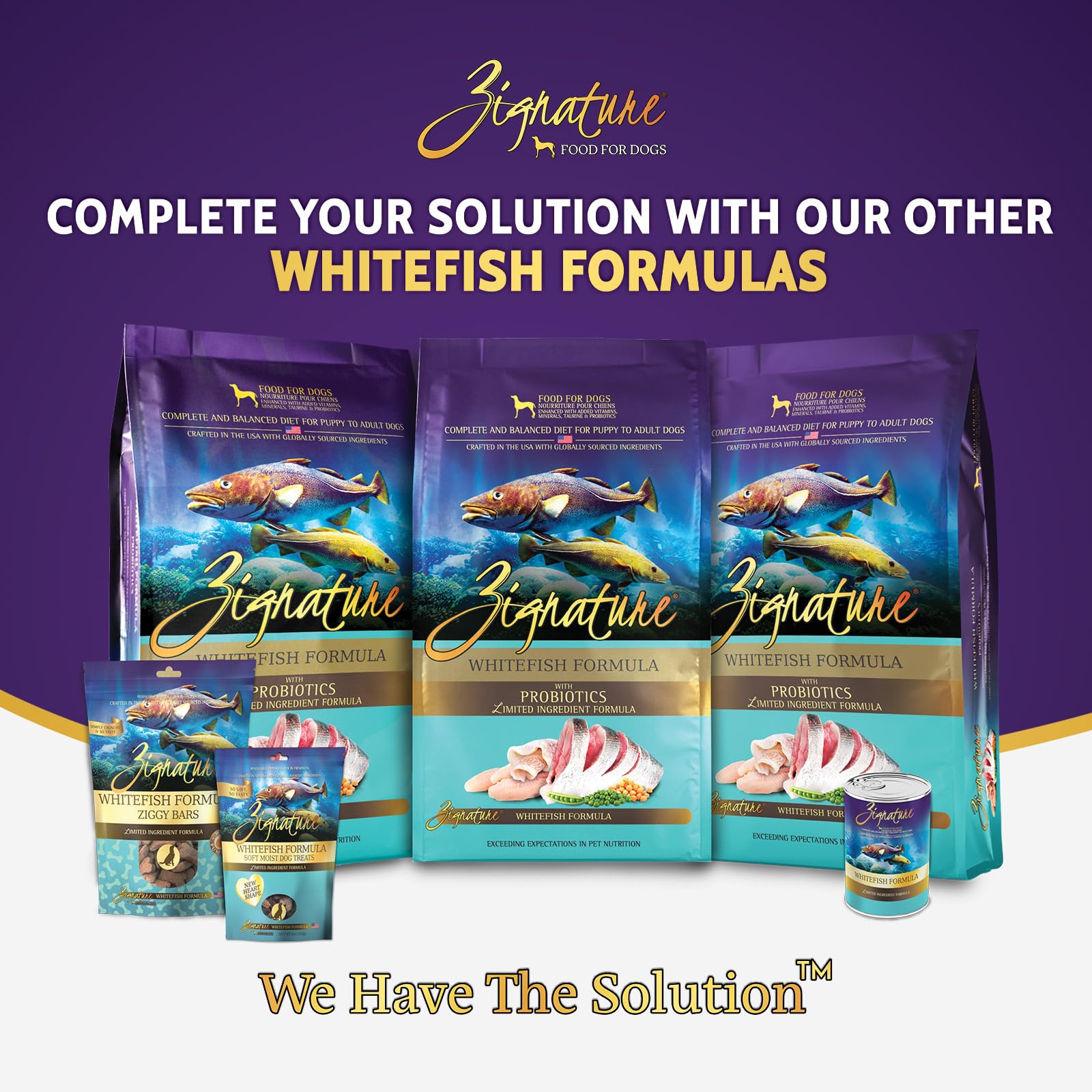 Zignature Whitefish packaging featuring vitamins and minerals for overall wellness.