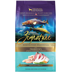 Zignature Whitefish formula bag shows premium limited-ingredient packaging for simple feeding