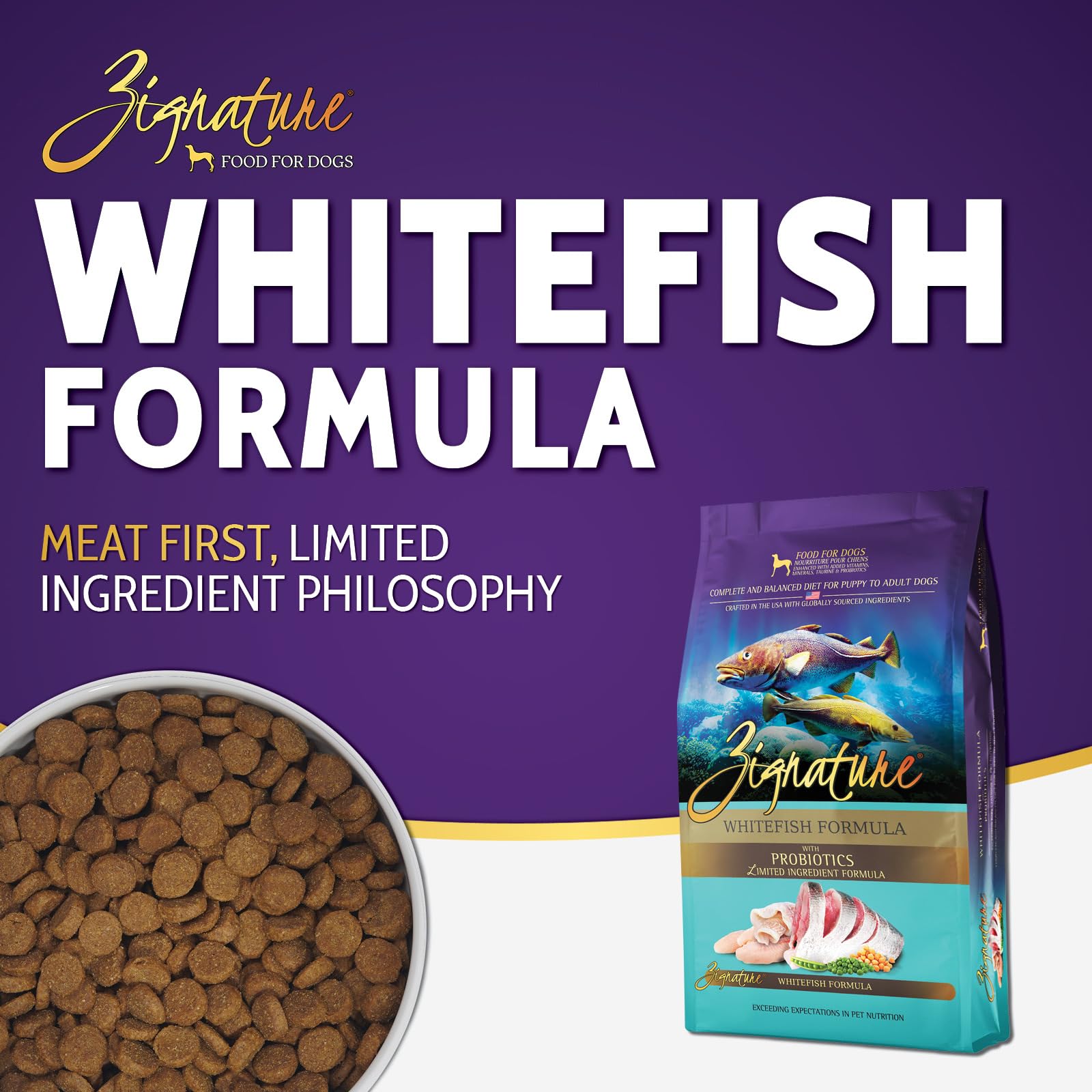 Zignature Whitefish kibble close-up showing balanced texture for meals