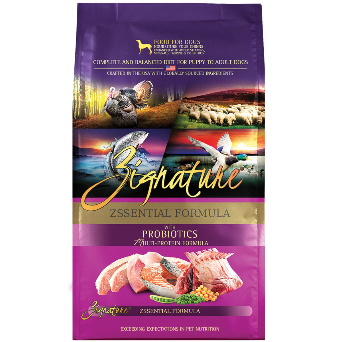 Zignature Zssential packaging showcases the 25 lb bag for multi-dog homes.