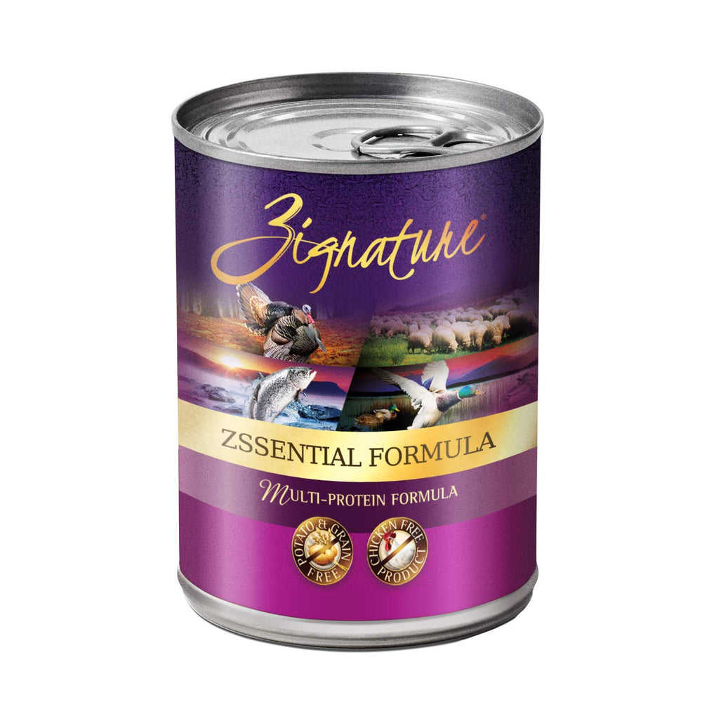 Zignature Zssentials wet dog food can showing protein-rich recipe for hydration