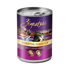 Zignature Zssentials wet dog food can showing protein-rich recipe for hydration