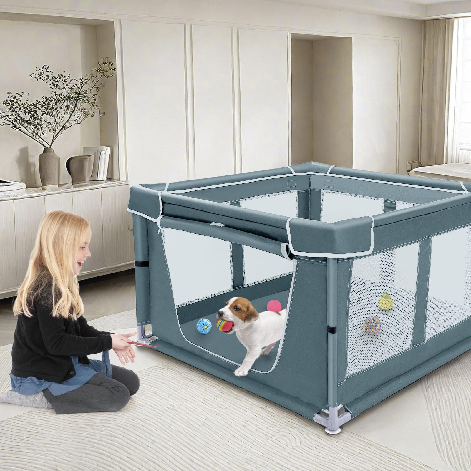 Zikopomi playpen door with zipper and Velcro for easy access and security.