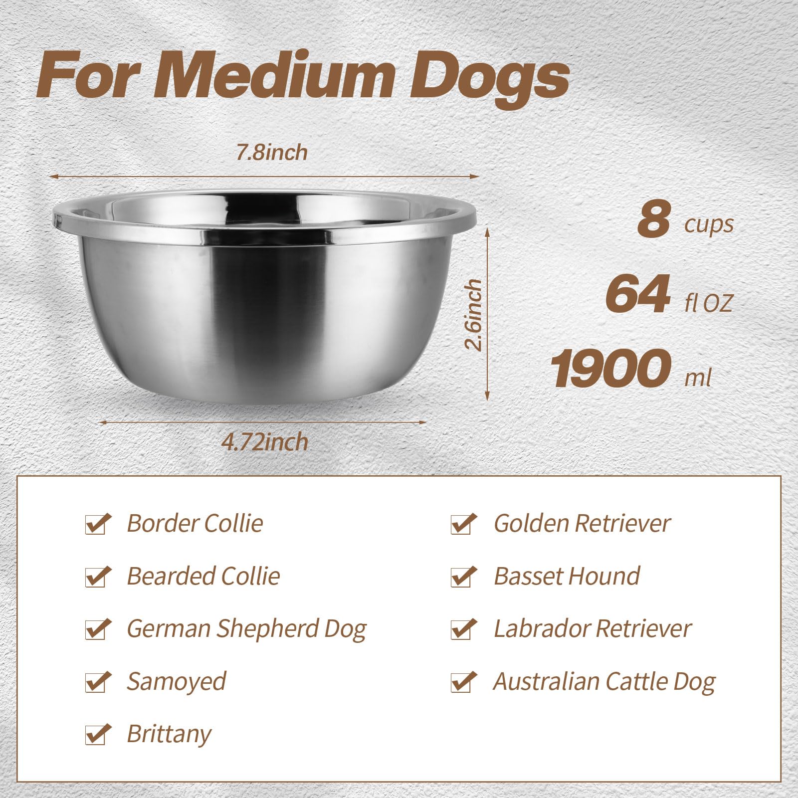 Ziliny 8-cup capacity dog bowl in stainless steel for ample water or food during meals.