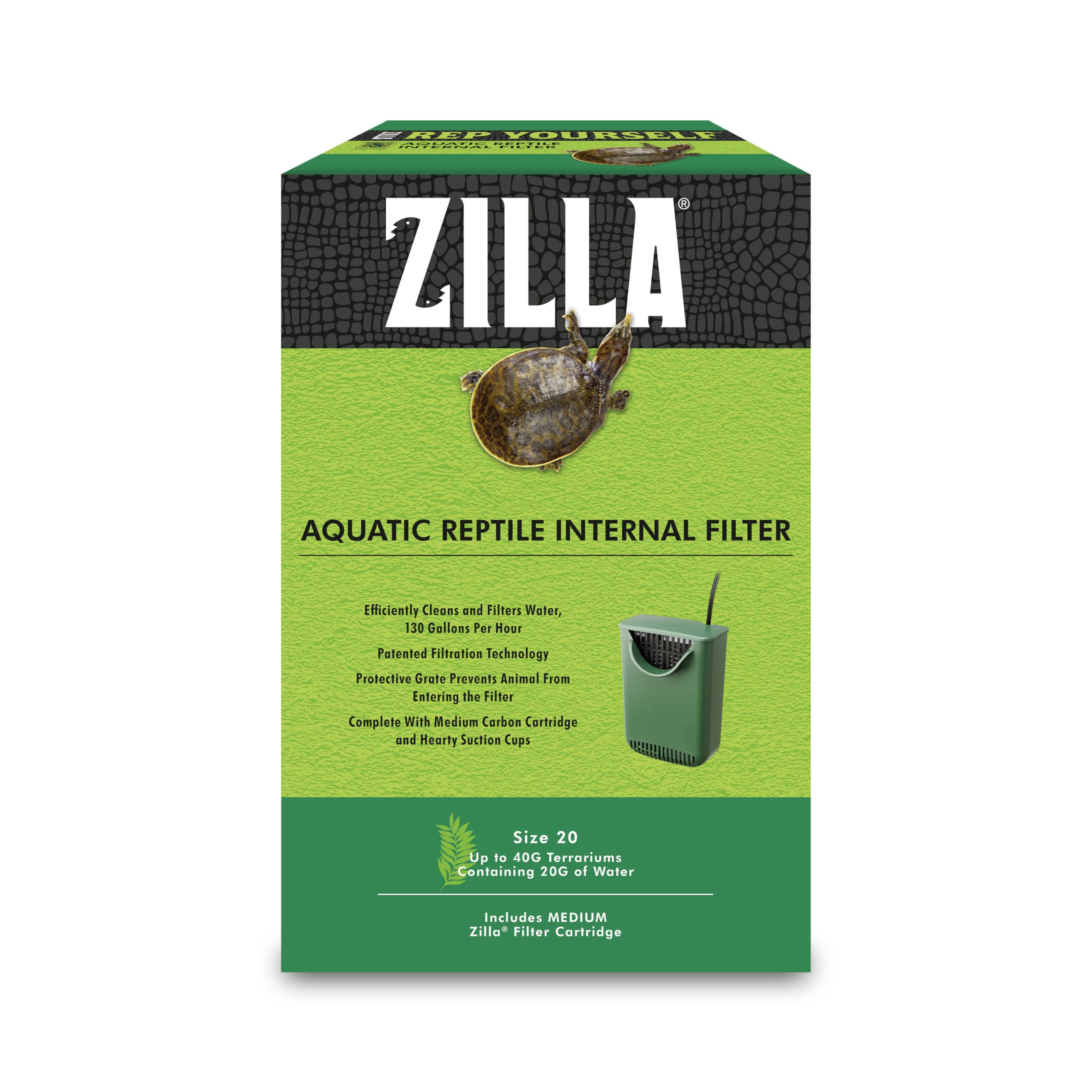 Zilla Aquatic Reptile Internal Filter in a 20-gallon setup promotes clean, circulating water.