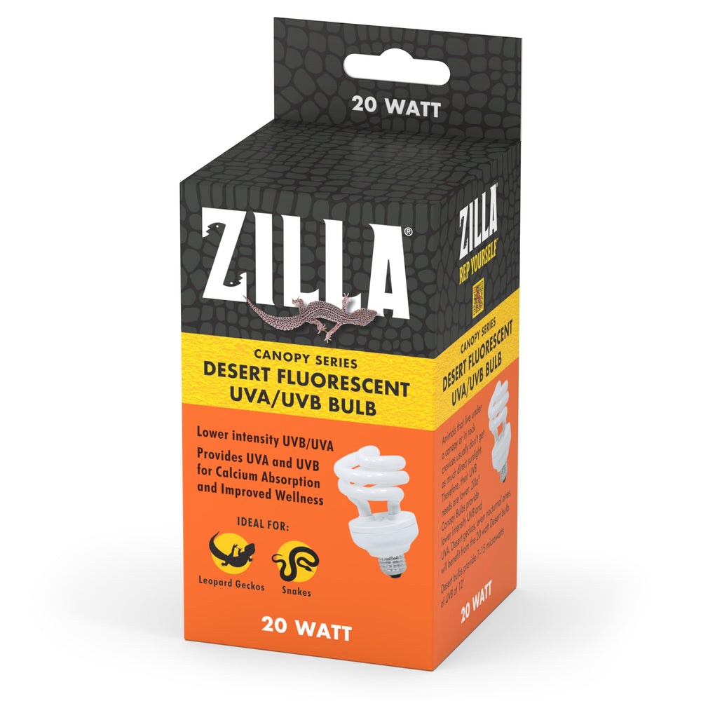 Zilla Canopy Desert UVB/UVA bulb 20W front view for low-intensity exposure.