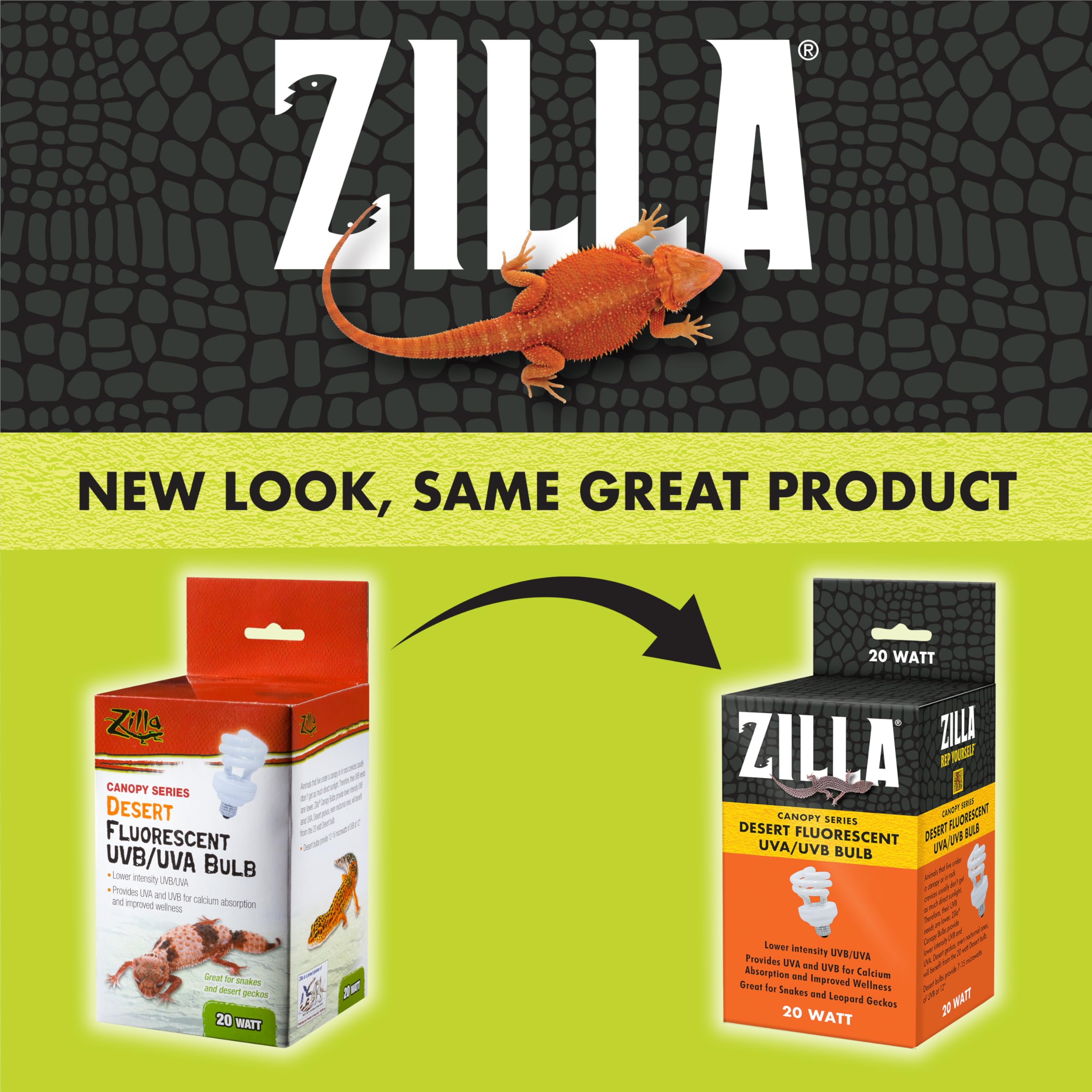 Zilla Canopy Desert UVB/UVA bulb 20W provides low-intensity UV in canopy habitats.