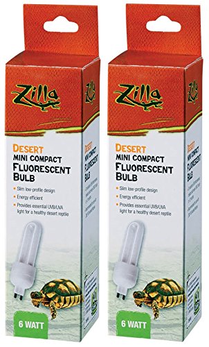 Zilla mini compact desert fluorescent bulb delivers UVB light for reptile basking and daytime illumination.