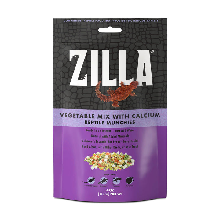 Zilla Reptile Munchies Vegetable Mix Calcium bag showcasing a calcium-rich treat for herbivorous reptiles.