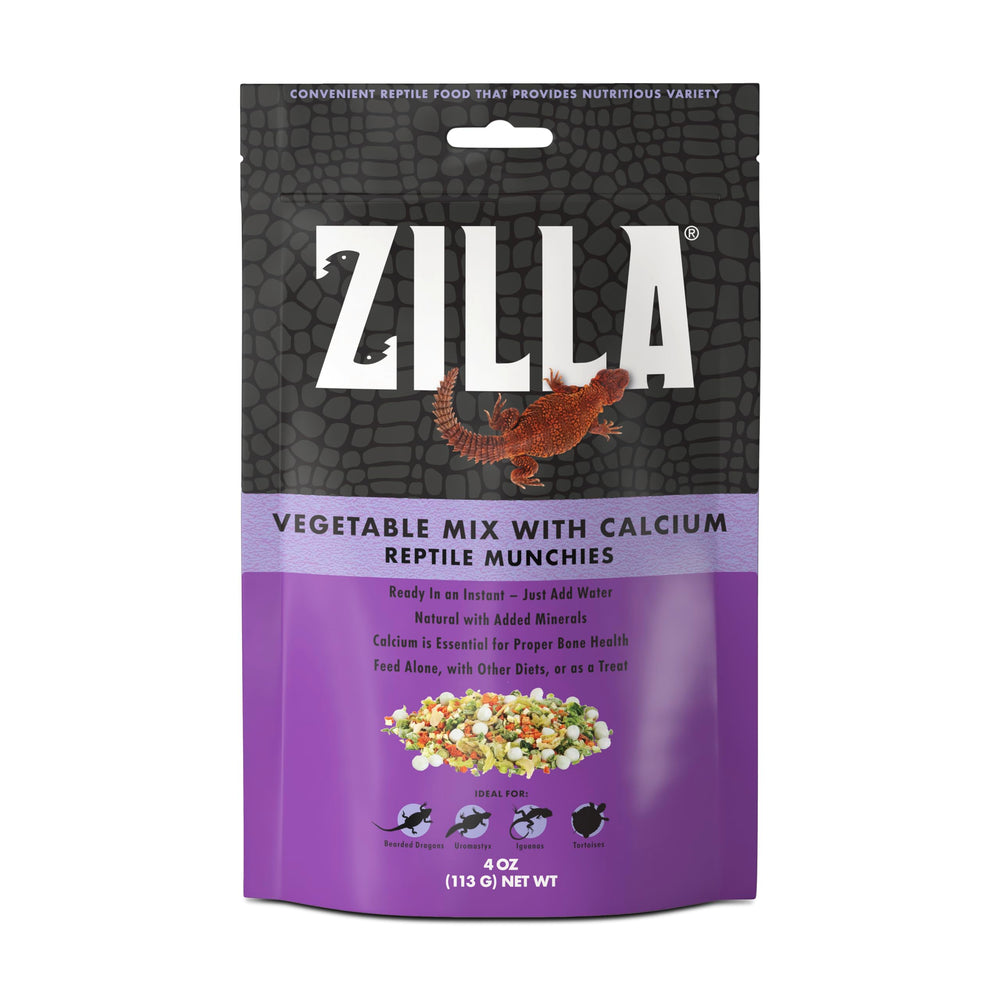Zilla Reptile Munchies Vegetable Mix Calcium bag showcasing a calcium-rich treat for herbivorous reptiles.