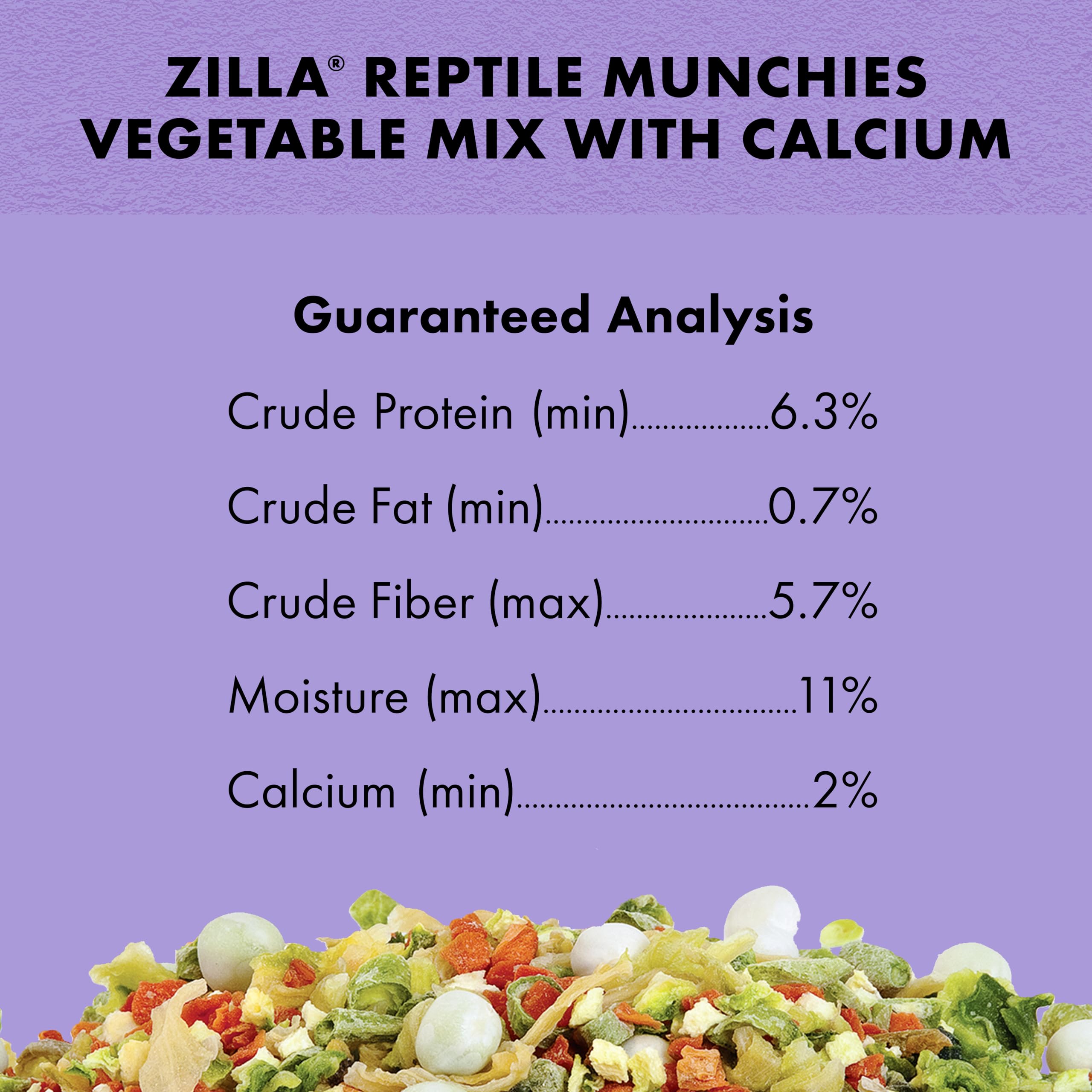 Calcium-boosted Zilla Reptile Munchies Vegetable Mix Calcium highlighting added calcium benefits.
