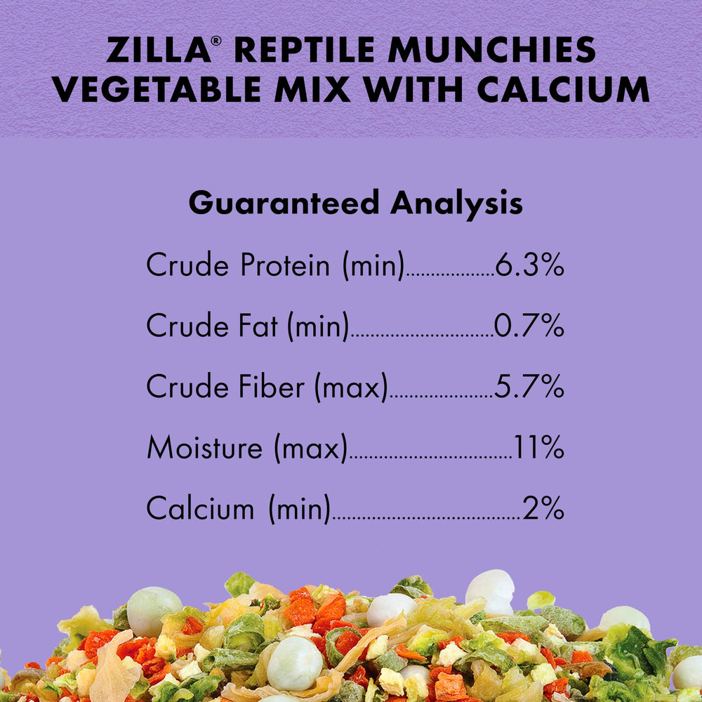 Calcium-boosted Zilla Reptile Munchies Vegetable Mix Calcium highlighting added calcium benefits.