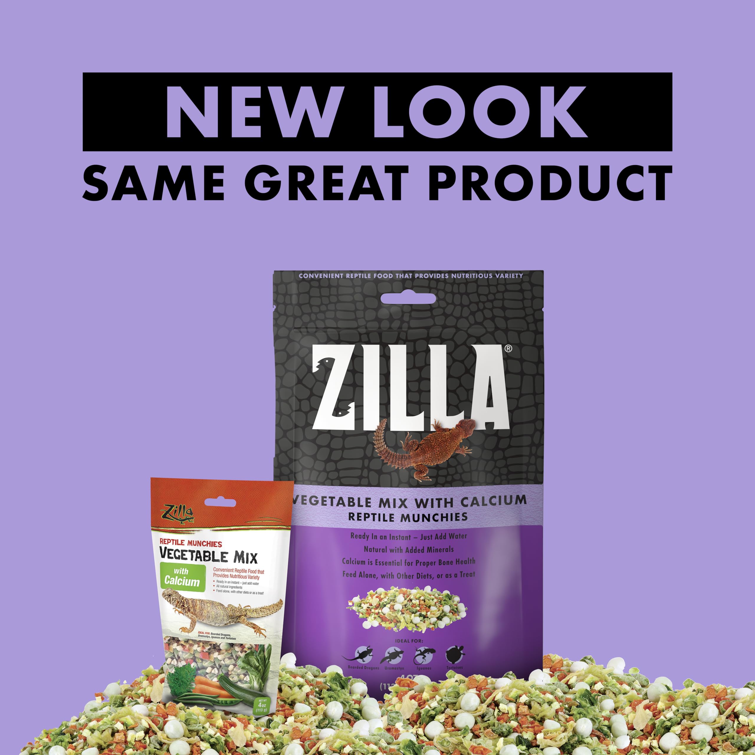 Iguana-friendly Zilla Reptile Munchies Vegetable Mix Calcium serving with greens.