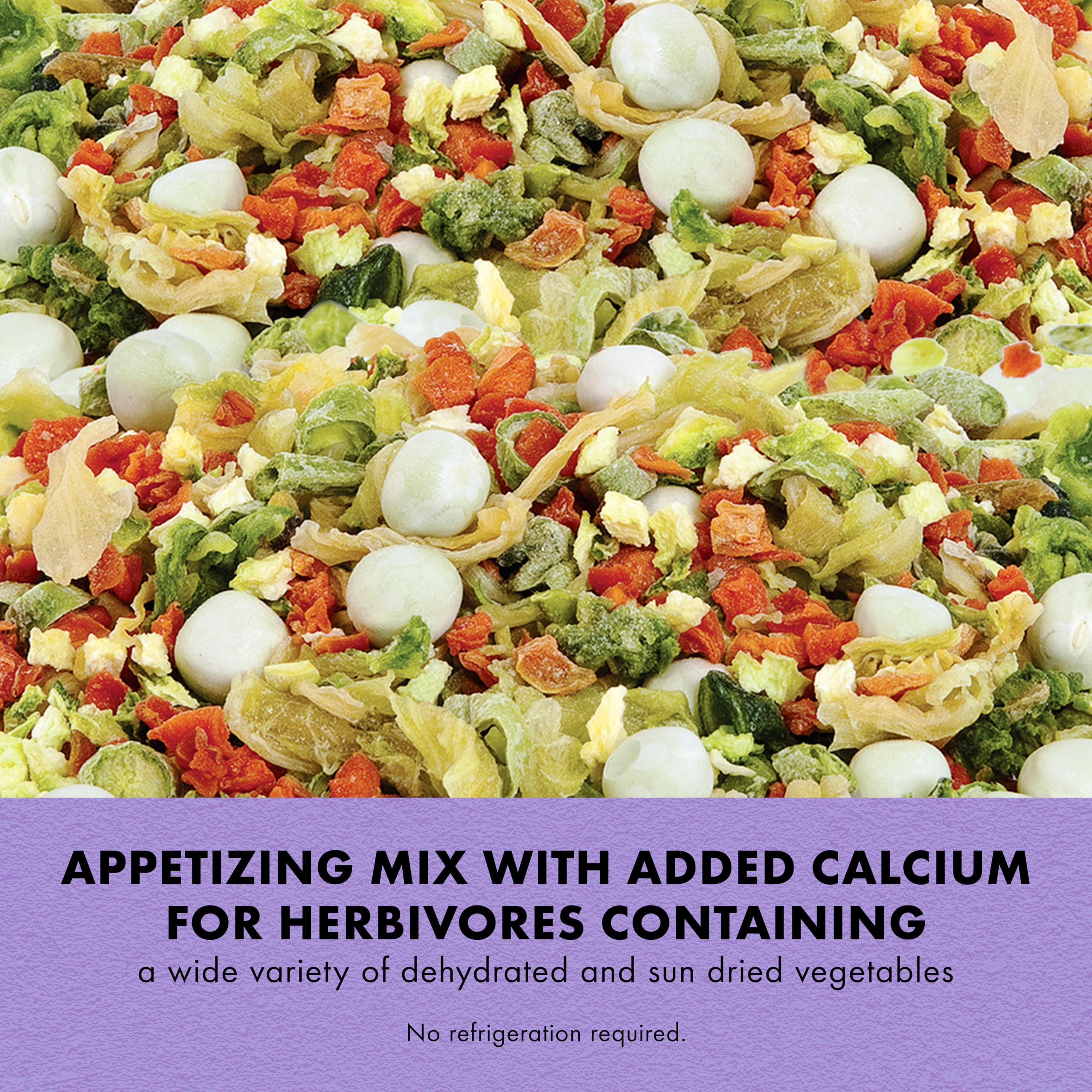 Close-up of ingredients in Zilla Reptile Munchies Vegetable Mix Calcium with bok choy and carrots.