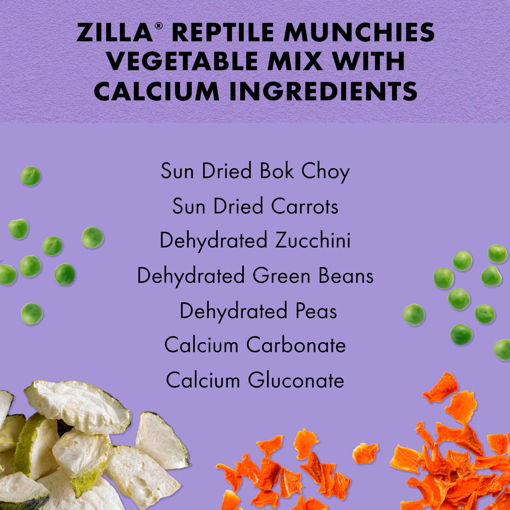 Serving suggestion of Zilla Reptile Munchies Vegetable Mix Calcium with leafy greens.