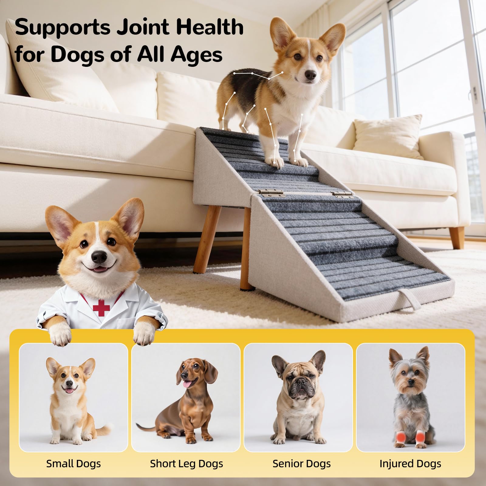 Ziluce 2-in-1 dog steps transform into an ottoman for versatile living room use.