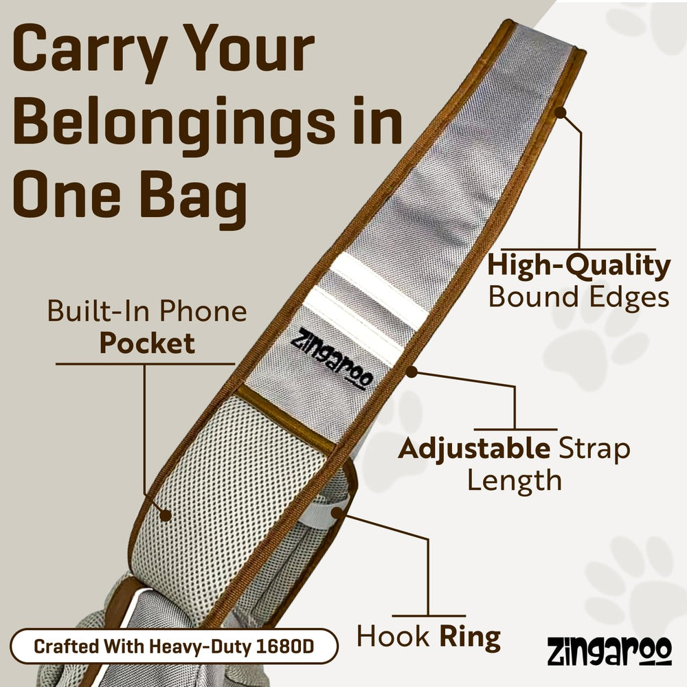 Zingaroo sling dimensions label for cat and small dog fit guidance