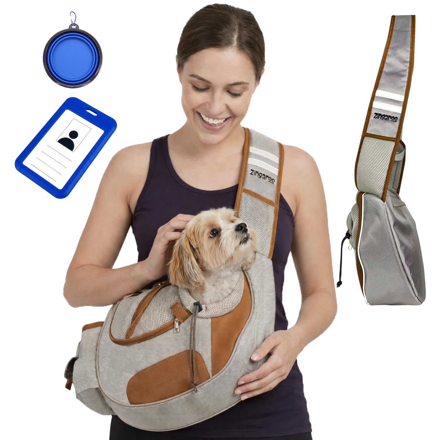 Zingaroo hands-free sling carrier front view showing comfortable pet transport