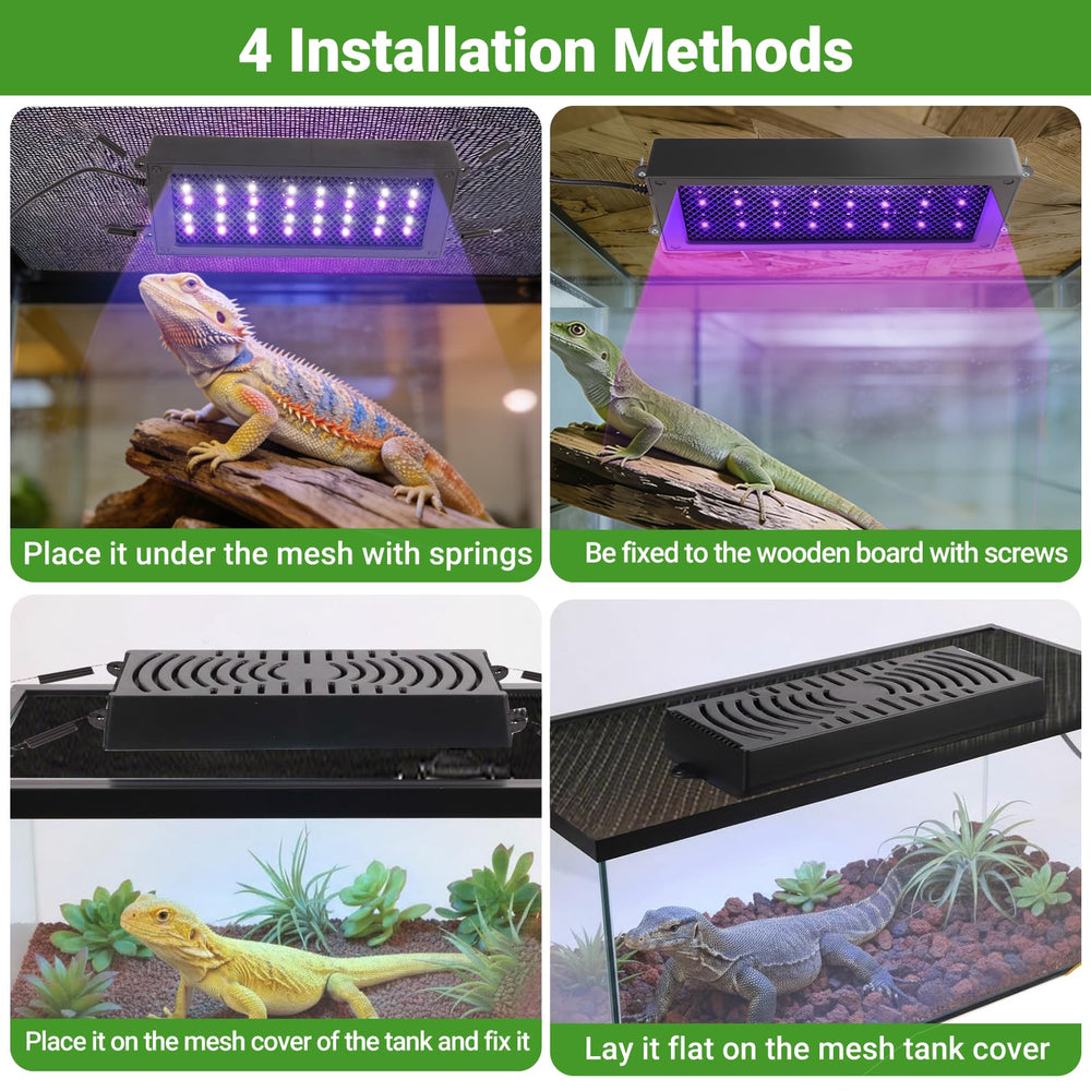 Zingbabu UVB Reptile Light installation options view shows flexible mounting choices.