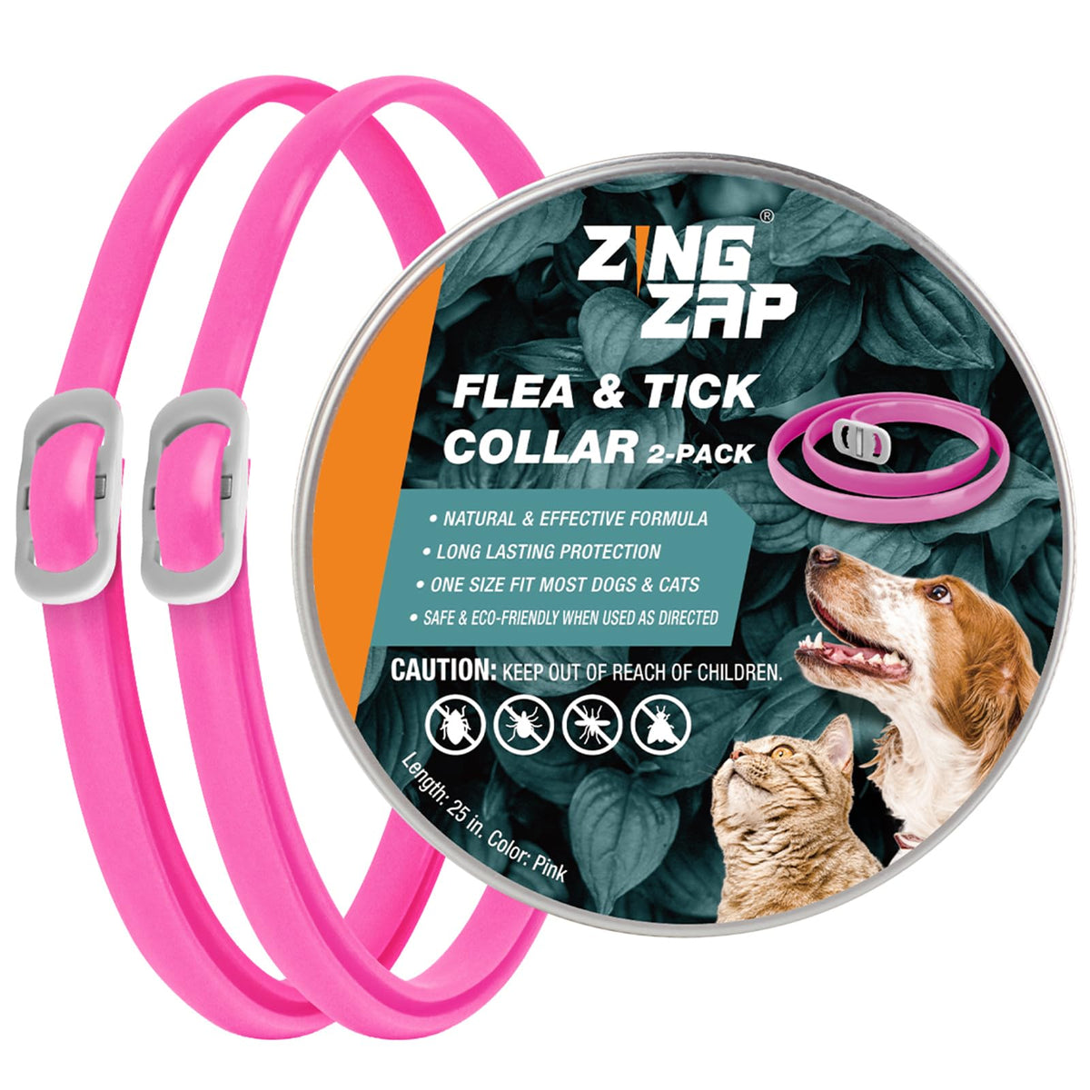 ZingZap flea and tick collar pink packaging highlights natural protection.