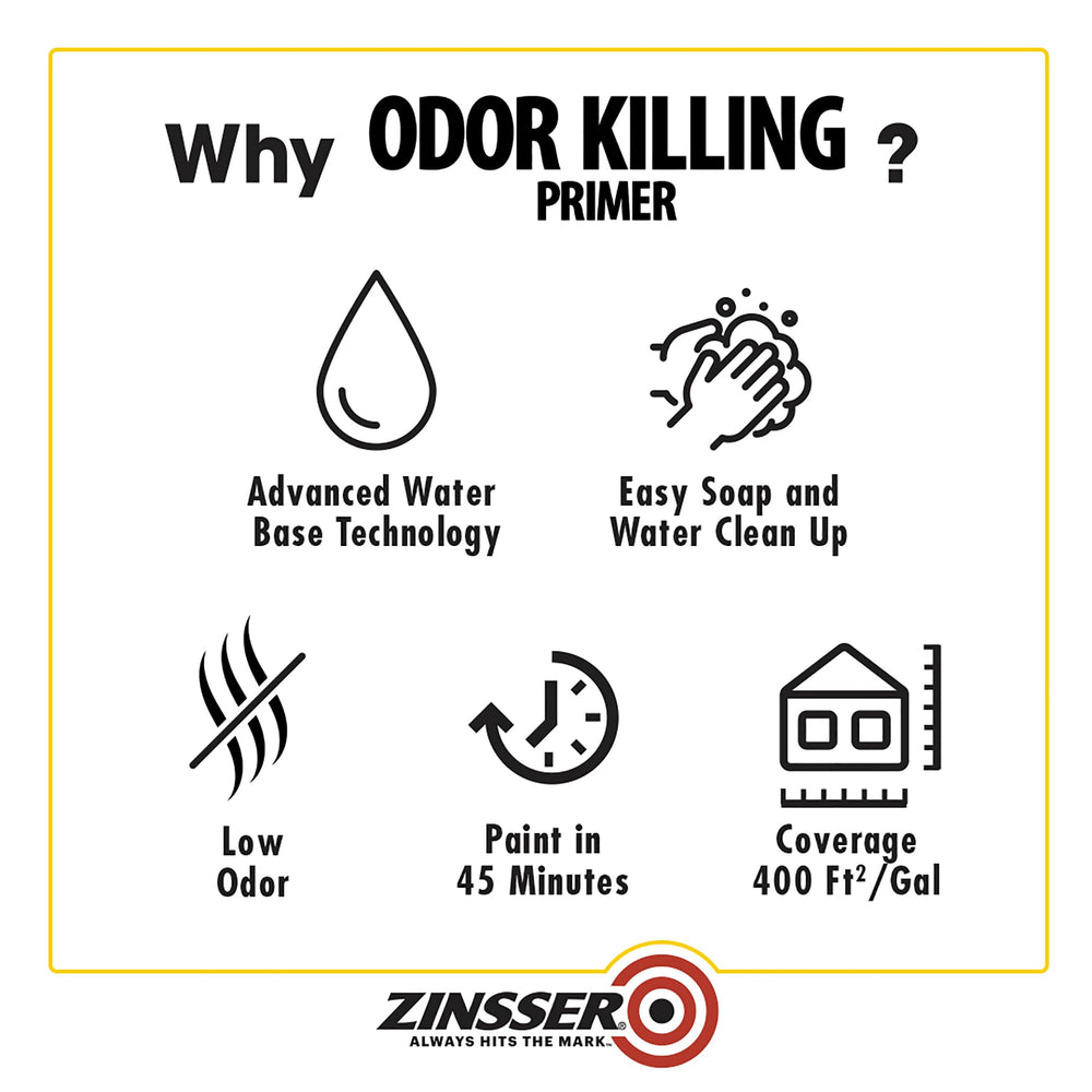 Zinsser odor-elimination primer targets pet and smoke odors before repainting.