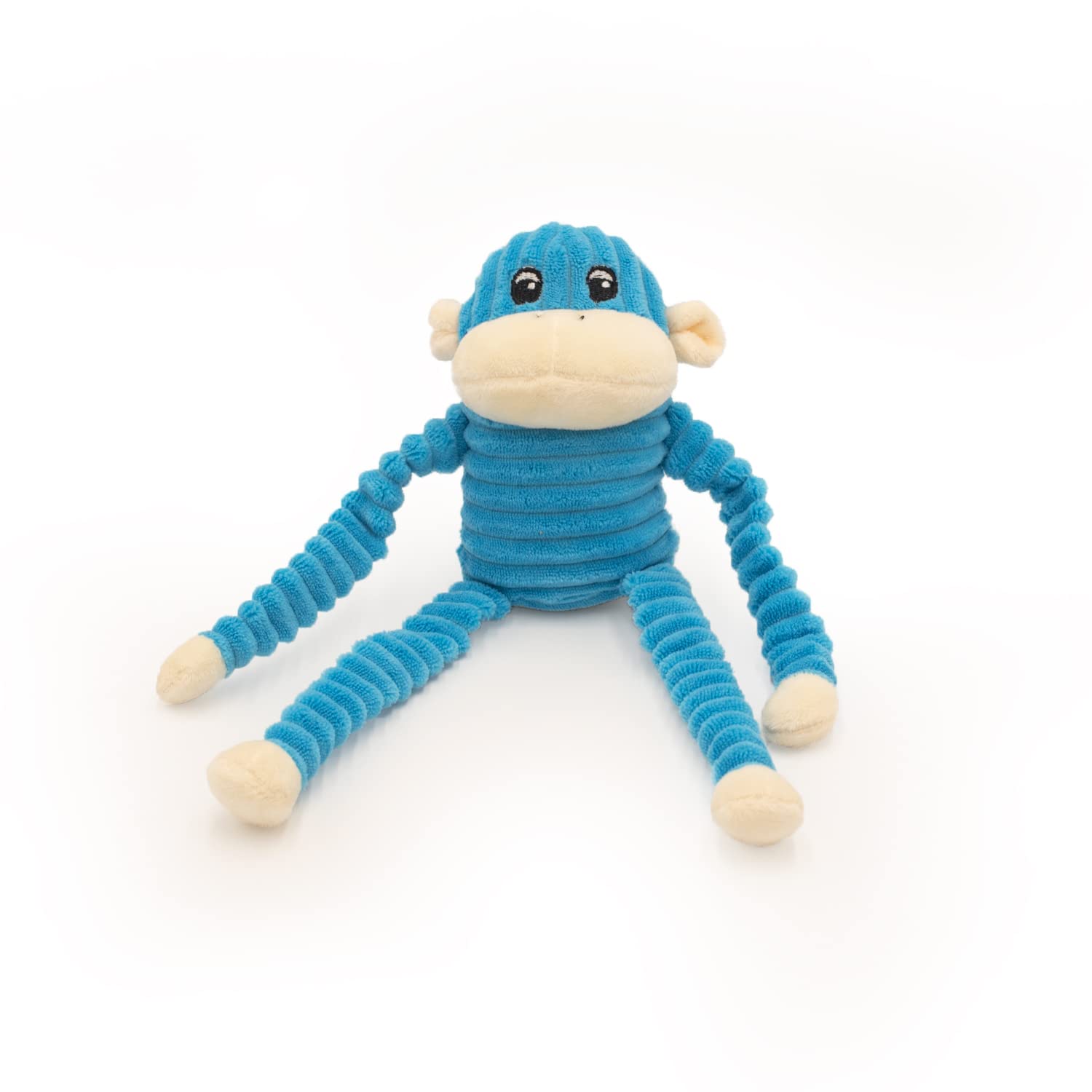 ZippyPaws Crinkle Monkey rainbow-blue small side view highlights interactive fetch and cuddle.