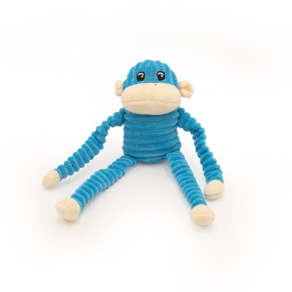 ZippyPaws Crinkle Monkey rainbow-blue small side view highlights interactive fetch and cuddle.