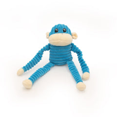 ZippyPaws Crinkle Monkey rainbow-blue small side view highlights interactive fetch and cuddle.