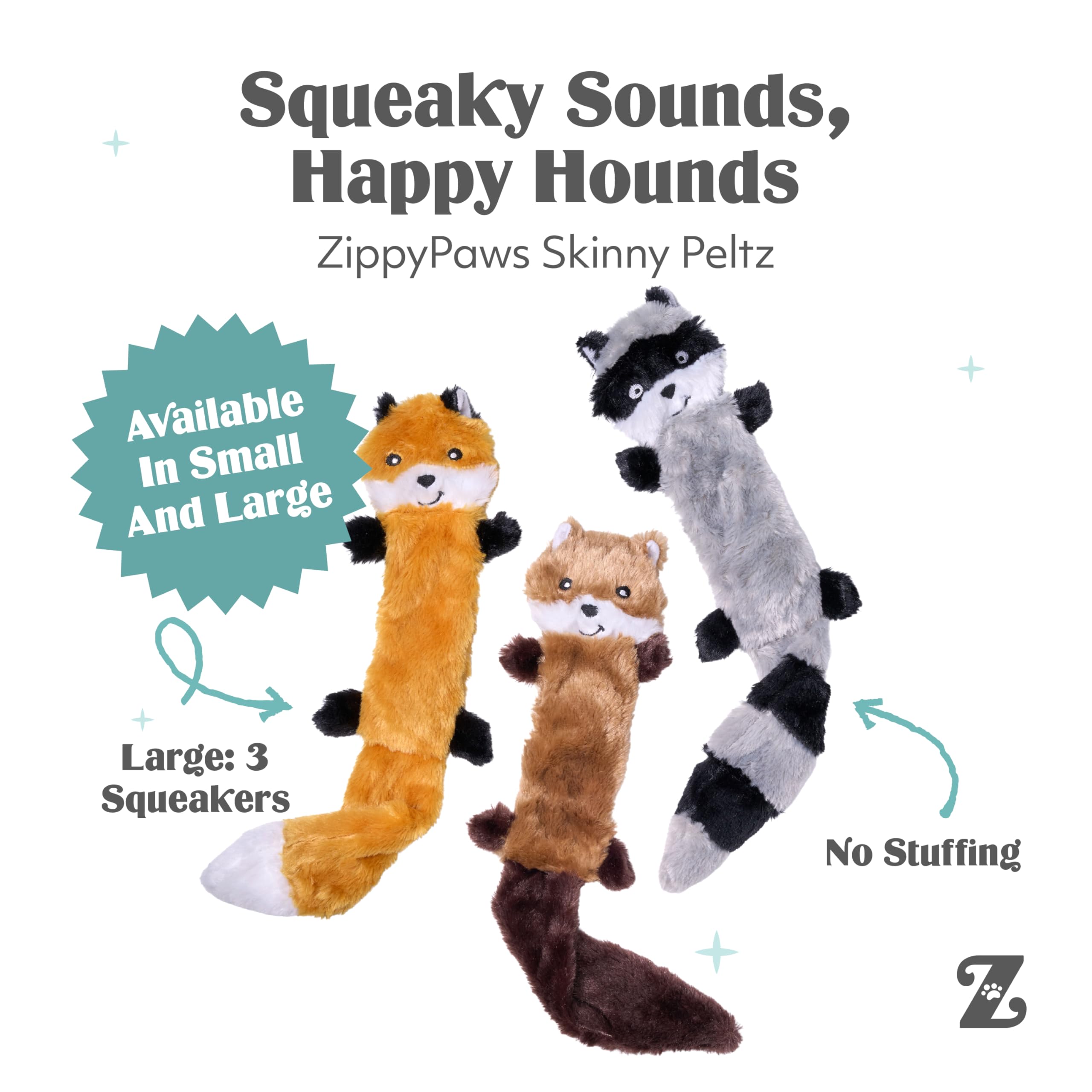 ZippyPaws Skinny Peltz squirrel toy close-up highlighting chew-friendly plush