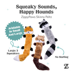 ZippyPaws Skinny Peltz squirrel toy close-up highlighting chew-friendly plush