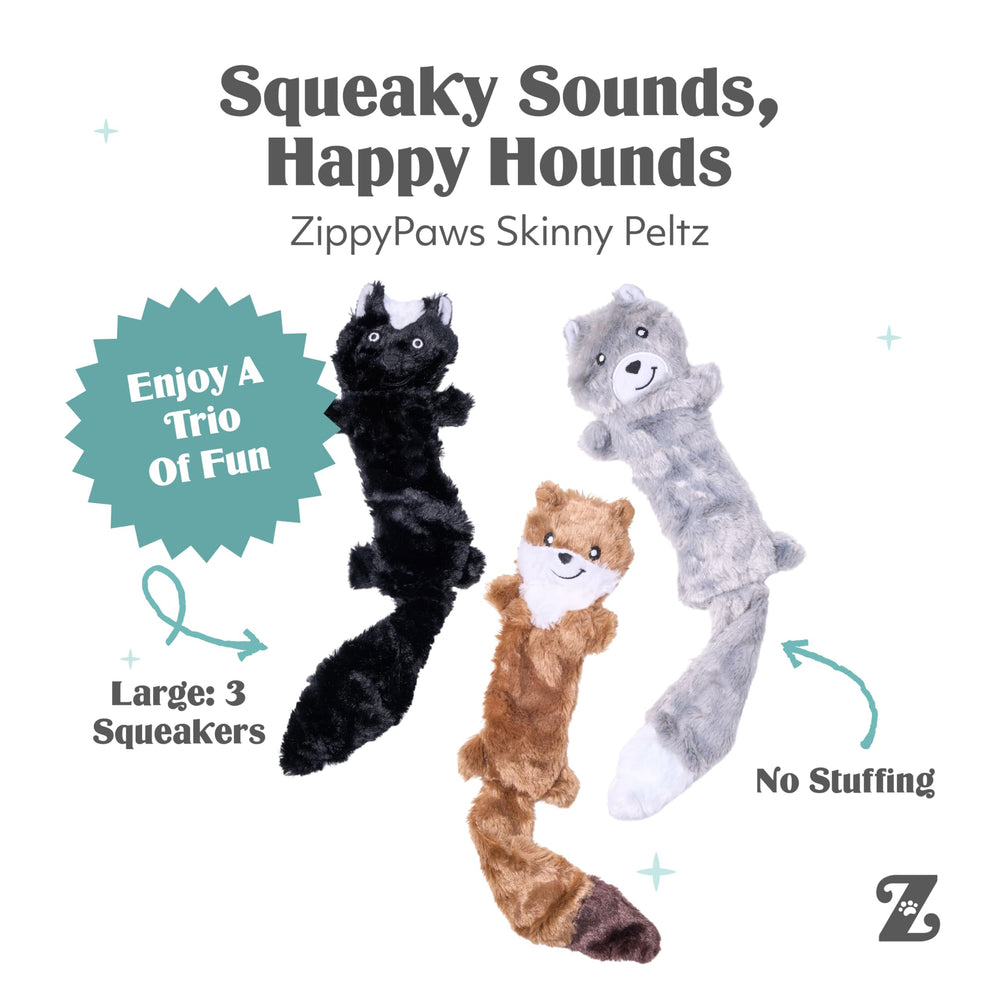 ZippyPaws Skinny Peltz wolf plush toy offers soft comfort with squeaks during playtime