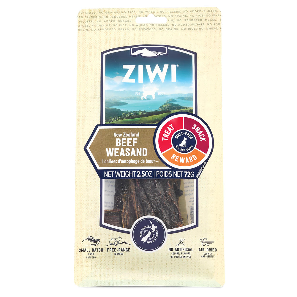 ZIWI Beef Weasand chews pack image highlights a high-protein reward for dogs.