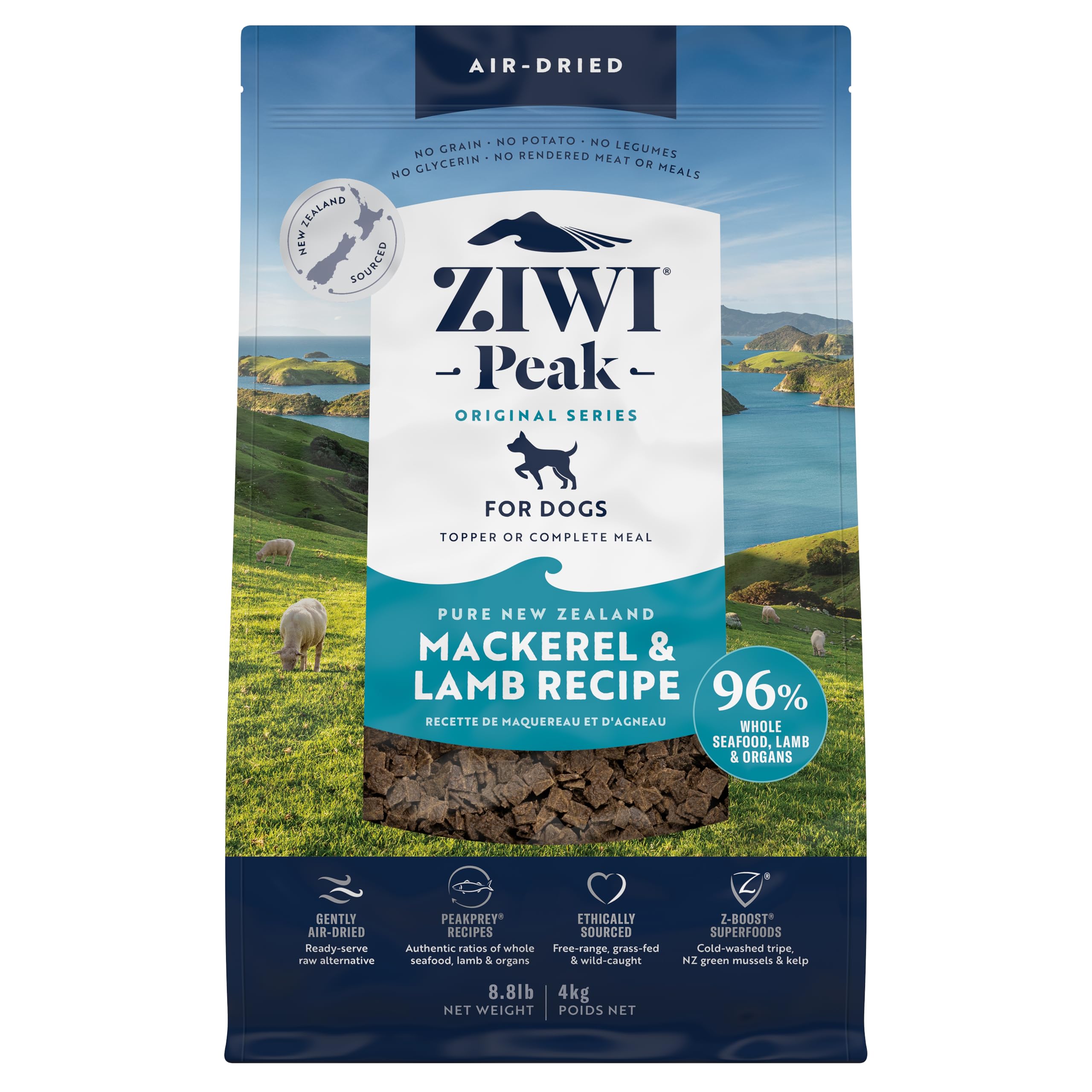 ZIWI Peak air-dried dog food bag showing mackerel and lamb for premium protein.