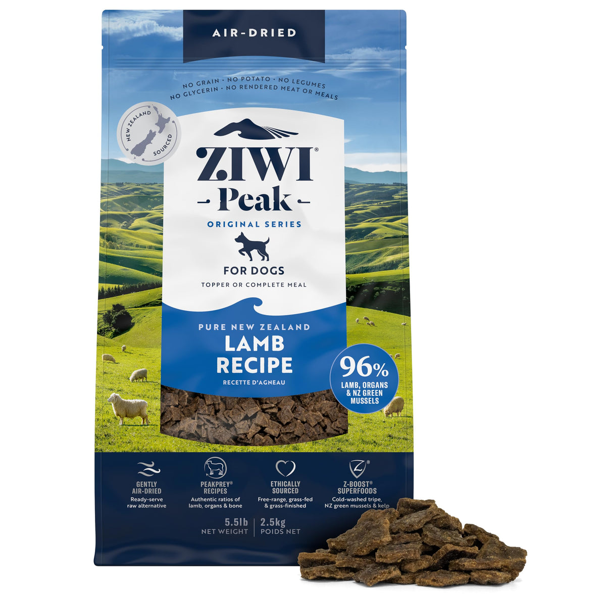 ZIWI Peak air-dried lamb bites for high-protein, grain-free nutrition.