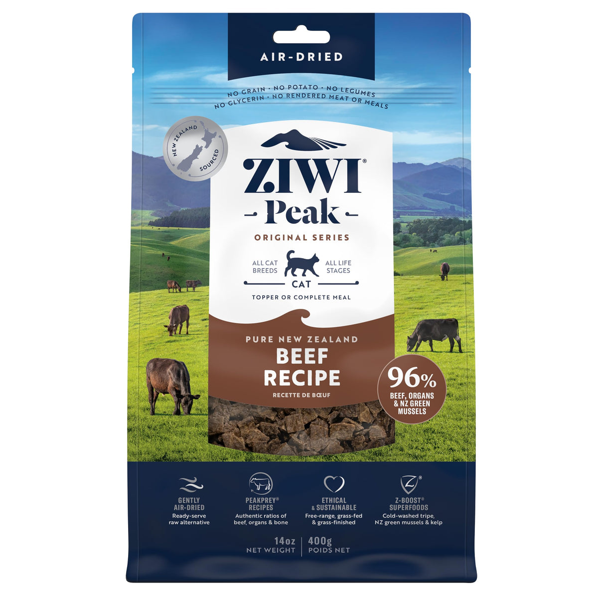 ZIWI Peak beef recipe bag highlights grain-free, complete meal option for cats.